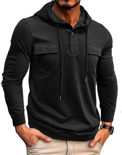 RQPYQF Felpa Uomo con Cappuccio Maglietta a Manica Lunghe con Cappuccio Pullover Leggera Maglia da Uomo Casual CS43 (Nero, M)