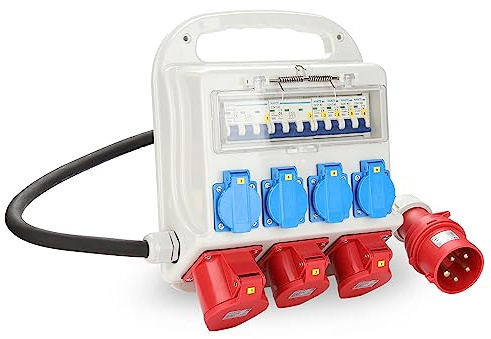 Izrielar Wandverteiler, Baustromverteiler 2 x CEE 16A 400V+1 x CEE 32A 400V+4 x 230V Schuko IP44 5 polig Stromverteiler, schwere Gummischlauchleitung Stromzufuhr, Steckdosen