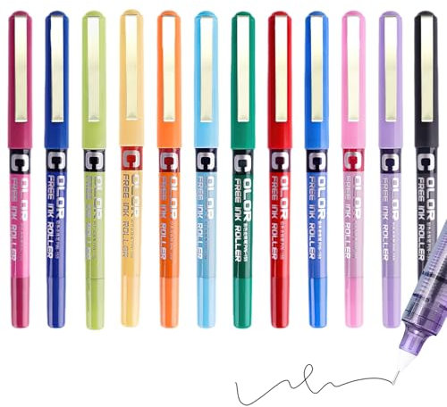 VEGCOO Rollerball Pens, 12 colours Ink Pen,0.5mm roller ball pens for writing for office study drawing Handwriting Pens (Multicolor)