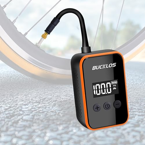 BUCKLOS Mini bomba eléctrica para bicicleta con pantalla LED, inflador de neumáticos portátil de 150 PSI, bomba de aire recargable tipo C con batería de 2000 mAh, válvulas Presta y Schrader, para