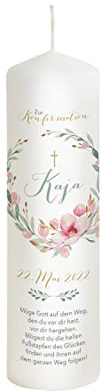Scheinvoll® Konfirmationskerze Kirschblüten personalisiert mit Namen, Datum und Spruch - Modell Kaya - Andenken und Dekoration zur Konfirmation (25 x 8 cm)