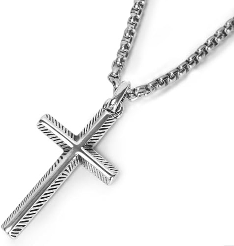 M SHUYUN 925 Silver Cross Necklace for Men, Oxidized Handcrafted Hammered/Diagonal, Vintage Silver Cross Pendant with Stainless Steel Chain, Gift for Men for Father’s Day, Christmas, Thanksgiving