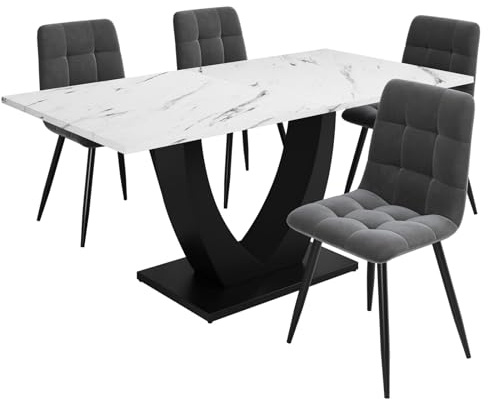 Matgrupp set,Modernt Matbord med 4 stolar,Köksbord Rektangulär med metallben,Sammet matstolar med ryggstöd,MDF-bordsskiva i vitt,för vardagsrum kontor och matsal