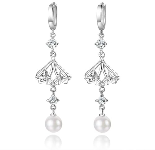 Hängande örhängen, zirkonörhängen hängande silverpläterade klockblommor och konstgjorda pärlor 65 x 8 mm för damer förlovningssmycken