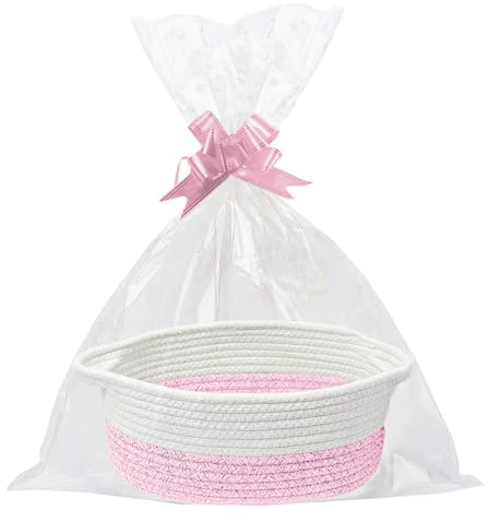 LEBKFT Cotton Rope Woven Gift Basket Set, Handmade Nursery Organizer with Bags & Ribbons Versatile Storage Basket for Home Empty Hamper for Baby Wedding Housewarming or Pet Toy Box (Pinkish White)