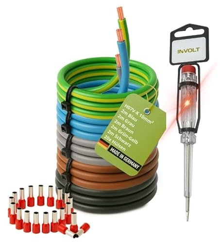 INVOLT H07V-K Verdrahtungsleitung 10mm² Set, 5x2m Kabel, 20 Aderendhülsen, Phasenprüfer