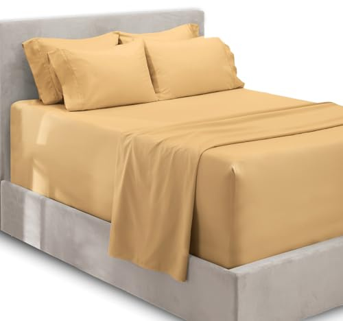 Hearth & Harbor Extra Deep Pocket Sheets - Fits Mattress 18-24 Inches Deep - Extra Deep Pocket Queen Sheets Sets - 6 Piece Queen Size Sheets - Queen Sheets Deep Pocket - Camel Sheets
