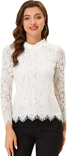 Allegra K Women Lace Long Sleeve Top Ruffle Neck Floral Elegant Blouse Dressy Casual Lace Shirt Large White