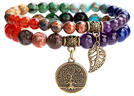 Farfume Chakra Bracelets for Women - Crystals Bracelet Gift for Women Natural Gemstones Yoga Reiki- A Set of Double Bracelets（Chakra Chakras Bracelet & LifeTree（Medium）