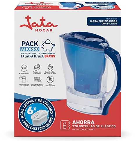 Jata Hogar HJAR1001 - Jarra con filtro de agua de 2,5 litros. Incluye 6 cartuchos iónicos. Reduce la cal, cloro y residuos de cobre. Agua con sabor y pureza.