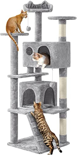 Yaheetech 158cm Cat Tree for Indoor Cats with Scratching Posts, Light Grey | Multilevel Cat Tower, 2 Condos, 3 Perches, Sisal Posts, Ladder, Safety Strap, for Small to Large Cats, FSC-Certified