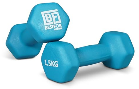 Bestfor Pair of 1.5kg Hex Anti Roll Non Slip Neoprene Dumbbell Weights For Exercise, Fitness, Workouts, Lifting with Exercise Chart