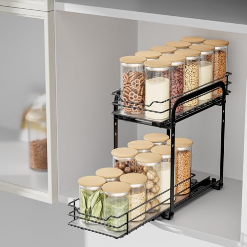 AIRUJIA Pull Out Cabinet Organizer Spice Racks, 2-Tier Spice Rack Height Adjustable, Spice Rack for Inside Cupboard, Heavy Duty Metal Spice Organizer, L10.4*W5*H9inch