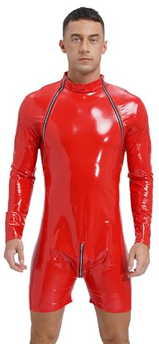 winying Herren Wetlook Bodysuit Lack Leder Kurzarm Body Ouvert Mit Body Ouvert Männer Sissy Dessous Hemd Bluse Gogo Clubwear Rot C XL