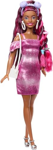 Barbie Totally Hair Muñeca con Pelo extralargo Negro, Peine, Vestido Rosa Brillante y Accesorios de Moda para el Pelo, Juguete +3 años (JDC86)