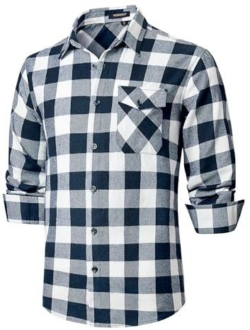 HISDERN Plaid Shirts Men Navy Blue Flannel Checked Shirt Casual Lumberjack Long Sleeve Shirt with Pockets 2XL