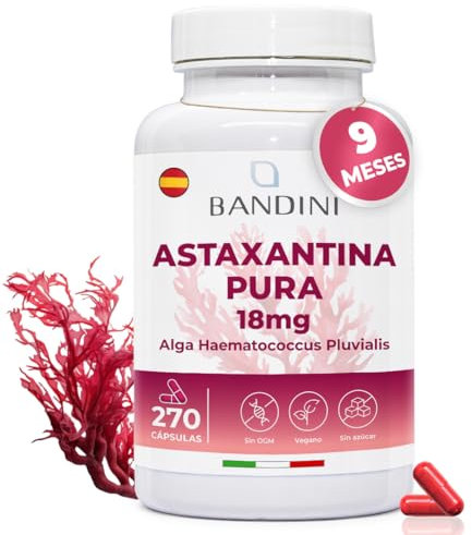 Bandini® Astaxantina pura 18 mg por cápsula, 270 cápsulas (suministro para 9 meses), Natural Astaxanthin de Alga Haematococcus Pluvialis, sin estearato de magnesio, sin OGM, 100% vegano