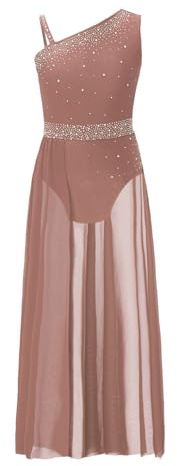 ranrann Enfant Fille Robe Danse Classique sans Manches Strass Costume Danse Lyrique Asymétrique Justaucorps Ballet Tenue Patinage Artistique Dancewear A Rose poussiéreux 11-12 Ans