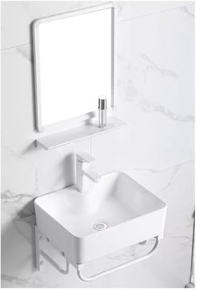 YYUINU Lavandino da Bagno Ad Angolo, Lavandino da Bagno A Parete con Portasciugamani e Specchio, Lavandino in Ceramica Porcellanata Appeso A Muro, Bianco,50cm