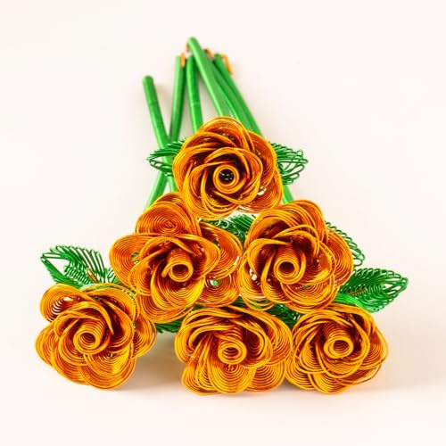 HunterBee 6Pcs Metal Forever Rose Bouquet,Handcrafted Eternal Flowers Outdoor Garden Cemetery Memorial,Birthday Valentine Women Mother Wife,Artificial Centerpieces Patio Kitchen Table Décor