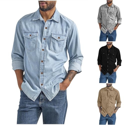 Générique Chemise Jeans Homme Chemisette Manches Longuess Chemisier Décontractée Tee Shirt Basique Tshirt Leger T-Shirts Bleu Clair XXL