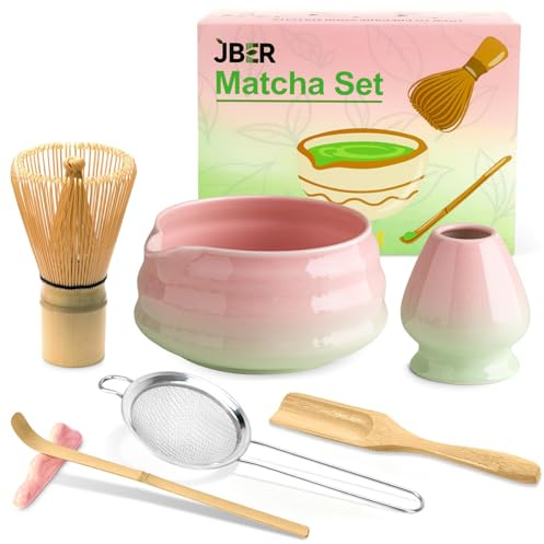 JBER Matcha-set, handgjort matcha-kvastset med 7 delar för nybörjare | Bambu matcha kvast med 100 pinnar, keramisk matcha skål och kvasthållare, sil, sked, hållare, matcha teset, rosa grön