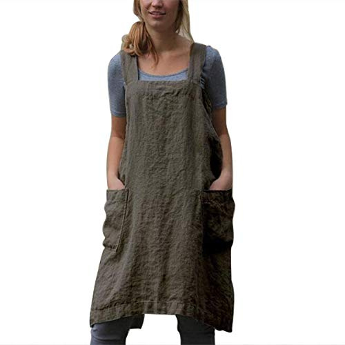Tabliers en lin de coton style japonais en forme de X Poches doubles de couleur unie de cuisine Fabrication jardinage (Vert, XL)