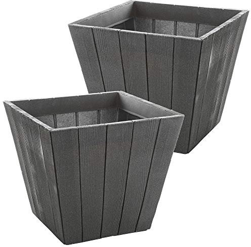 URBNLIVING Dark Grey Square/Round Wood Effect Plastic Flower Plant Pot Garden Grow Planter (2, Square)