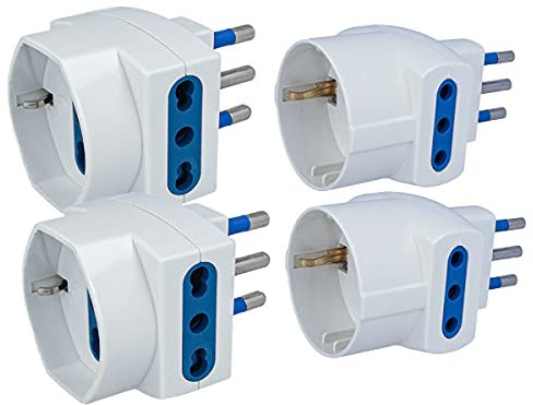 4 Pezzi Adattatore Triplo Spina 10A e 16A, Adattatore Triplo Presa Schuko, Multipresa Bipasso e Schuko (Spina 10A + Spina 16A, Bianco)