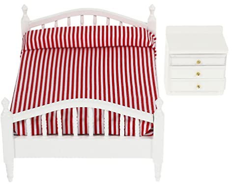 STOBOK 1: 12 Puppenhaus Möbel Bett Miniature Puppenhaus Bett Doppelbett mit Matratze Und Holznachttisch für Dekoration