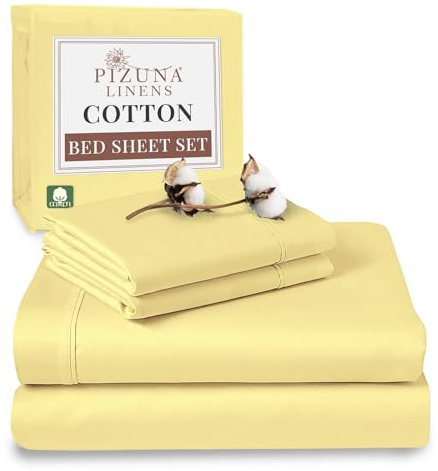 Pizuna 100% Cotton King Size Sheet Set Mellow Yellow 400 Thread Count | 400 Thead Count Long Staple Cotton Bedding, 275x280 cm, Soft Sateen 4 Pc King Bed -fitted Flat Sheet & 2 Pillowcases