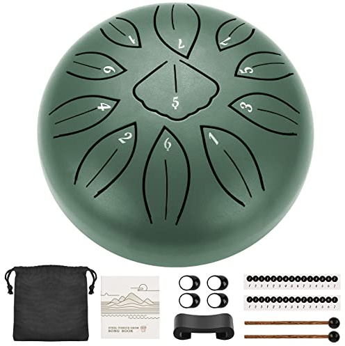 LEKATO Ståltungtrumma 15 cm 11 notering, C-stor handpan regntrumma för utomhus trädgård ljudläkning, stållegering eterisk balmy trumma med förvaringsväska, slagverk instrument för nybörjare, stengrön