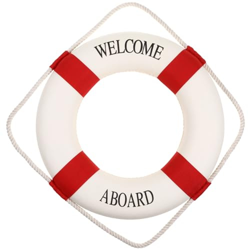 Veemoon Life Ring Welcome Decoration, Nautical Life Ring Wall Art Hanging Buoy Ornament Beach Party Decoration Mediterranean for Home Office Party Store, Red (13” L, 2”H)