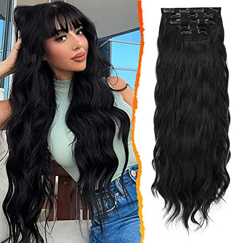 BARSDAR Clip in Extensions, 5 PCS Lange Wellige Clip in Haarverlängerungen Dickes Natürliches Weiches Synthetisches Haarteil Für Frauen Mädchen -50 cm, Natürliches Schwarz