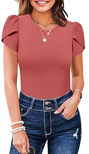 MISSJOY Women's Casual V Neck Short Sleeve Bodysuits Elegant Ruffle Sleeve Ribbed Body suit M