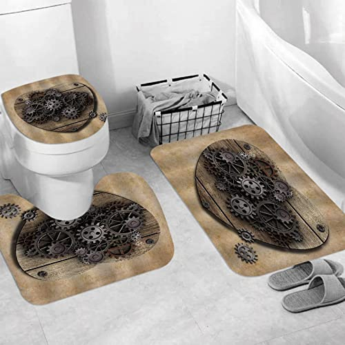 Badteppich 3 Stück Weiche saugfähige Badematten,Vintage Stempunk Industrial Style gealtertes menschliches Herzmodell aus rostige,Rutschfeste Badematte Teppiche & Toilettendeckelabdeckung Set Waschbar