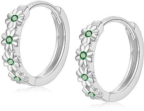 Sterling Silver Hoop Earrings for Women, Dainty Small Huggie Hoop Earrings | Hypoallergenic Daisy Color Cubic Zirconia Flower Hoops Earring Jewellery Gifts for Ladies Girls Birthday Wedding, 12mm Hoop