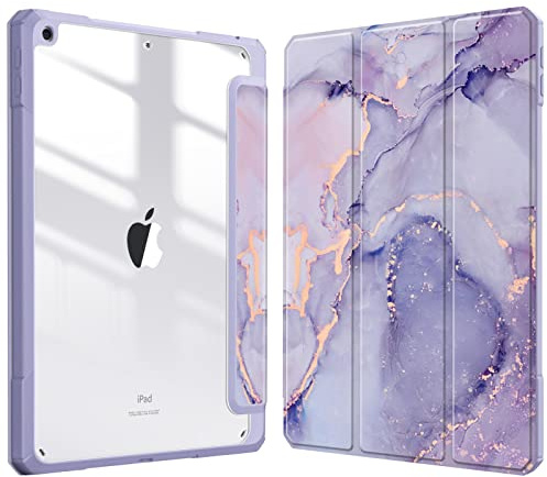 Fintie Hybrid Slim Case for iPad 9th / 8th / 7th Generation (2021/2020 / 2019) 10.2 Inch - [Built-in Pencil Holder] Shockproof Cover with Clear Transparent Back Shell, Lilac Marble