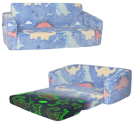 Dinosaurier 2 in 1 Kindersessel im Dunkeln Leuchtend Extra Große, Faltbarer Kinder-KinderSofa-Rückenlehen-Sessel mit Stofftasche, Weiche Flip Open Kindercouch für Schlafzimmer Wohnzimmer Spielzimmer