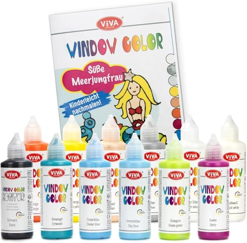 LM-Kreativ Window Color Kit de peinture à base d'eau, motif sirène mignonne – Plongez dans un monde plein de couleurs avec 11 peintures de 80 ml et 1 peinture contour à base d'eau de 80 ml, livret de