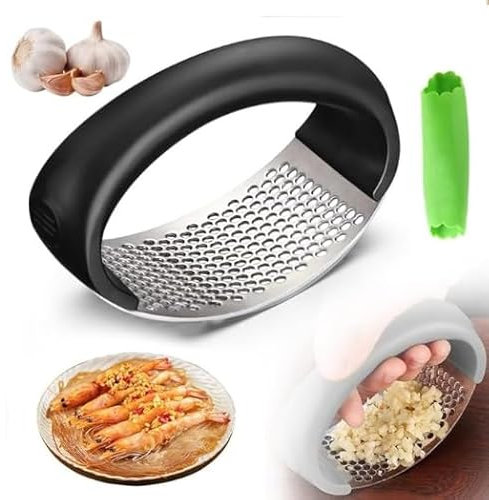 Presse-ail à bascule – Hachoir à ail en acier inoxydable avec éplucheur, hachoir à ail innovant avec éplucheur et grattoir pour écraser l'ail