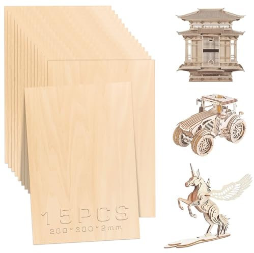 SPORWAY Lot de 15 plaques de contreplaqué de 2 mm : plaques en bois pour bricolage 300 x 200 x 2 (+/- 0,2) mm, contreplaqué, panneaux en bois de balsa, parfaits pour l'artisanat, le modélisme, les