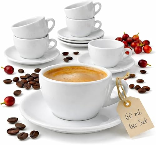 MUVELL Set 6 Tazzine da Caffè Espresso 60 ml con Piattini in Porcellana Bianca Stile Italiano Spesse e Resistenti Lavabili in Lavastoviglie Idea Regalo
