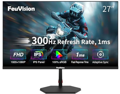 FeuVision 27inch 240Hz 300Hz Gaming Monitor, FHD 1080p, IPS Panel, 1ms Response Time, Adaptive sync, PC Monitor, 3-Sided Frameless, Ultra Slim, 100% sRGB, with DP cable up to 300Hz, HDMI *2, DP*2