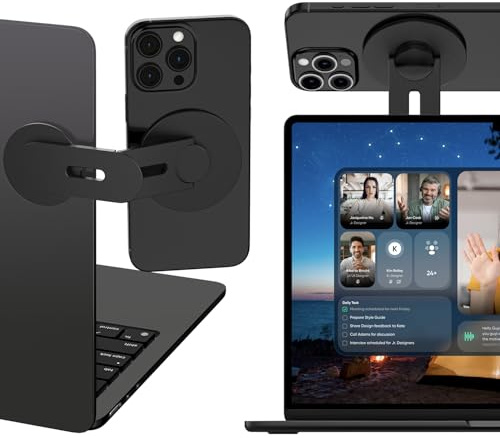 ALAFLY Magnetic Phone Holder for Laptop, 360° Adjustable MacBook Monitor Side Mount for iPhone 17 Pro Max/16/15/14/13/12 MagSafe for Tesla, Portable Foldable Cell Phone Holder Accessory, Black
