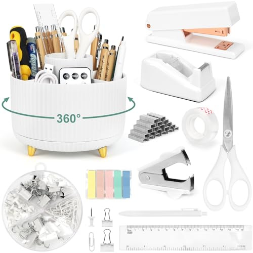 Cute Stationery Set, 12 in 1 Office Supplies & Desk Accessories for Women with Stapler & Staples Set, Pencil Holder, Tape Dispenser, Scissors, Clips, Ruler, Gift for Teachers, Students, Girls (White)