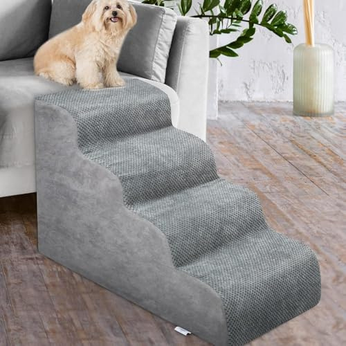 STARNINE Dog Steps For Bed Non Slip Pet Dog Steps For Sofa Soft Pet Ladder Steps Indoor Use Washable Sofa Steps High Density Foam (Grey, 4 Step, 4)