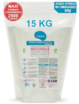 Percarbonato di Sodio per Bucato Puro (15 Kg, 2500 Lavaggi) Smacchiatore Bucato Sbiancante Smacchiante Igienizzante Naturale, Antimuffa, Busta Richiudibile - IN OMAGGIO 50gr di Acido Citrico