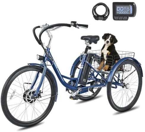 VIRIBUS Electric Trike, 26 inch Electric Tricycle for Adults 350W 7 Speed with 468Wh Removable Battery, 3 Wheel Electric Bikes for Seniors Men with Disc Brakes, Basket & Lock, 330 lb. E Trike