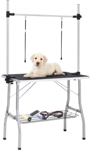 Nqyjm Mesa de corte ajustable para perros con 2 trabillas y cesta, mesa de peluquería para perros y gatos